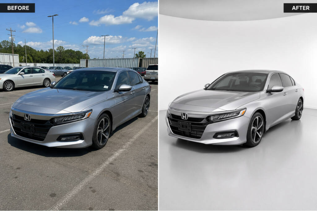 Before and after of a car photo background, cluttered lot versus clean studio background
