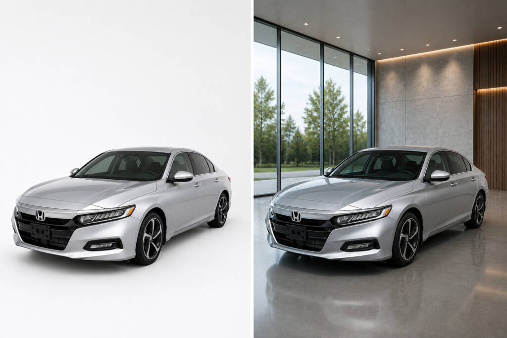 2D backdrop versus 3D virtual showroom background for the same car