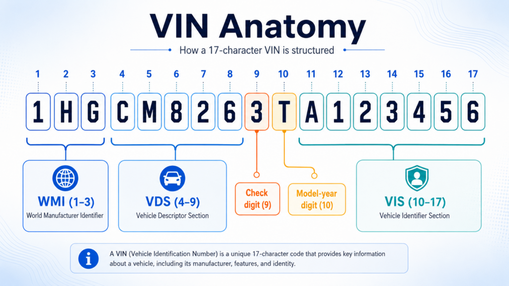 Diagram of a 17-character VIN showing the WMI, VDS, and VIS sections and the model-year digit