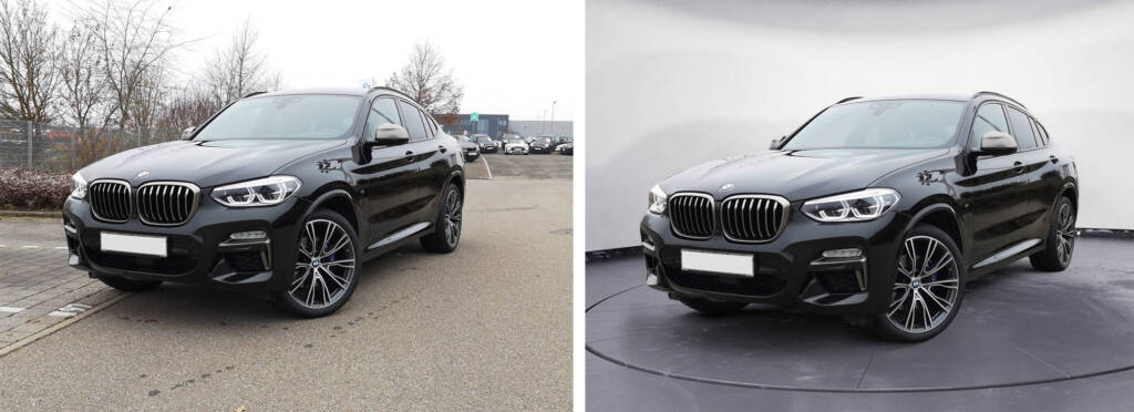 Before and after of a dealership vehicle photo enhanced with CarCutter